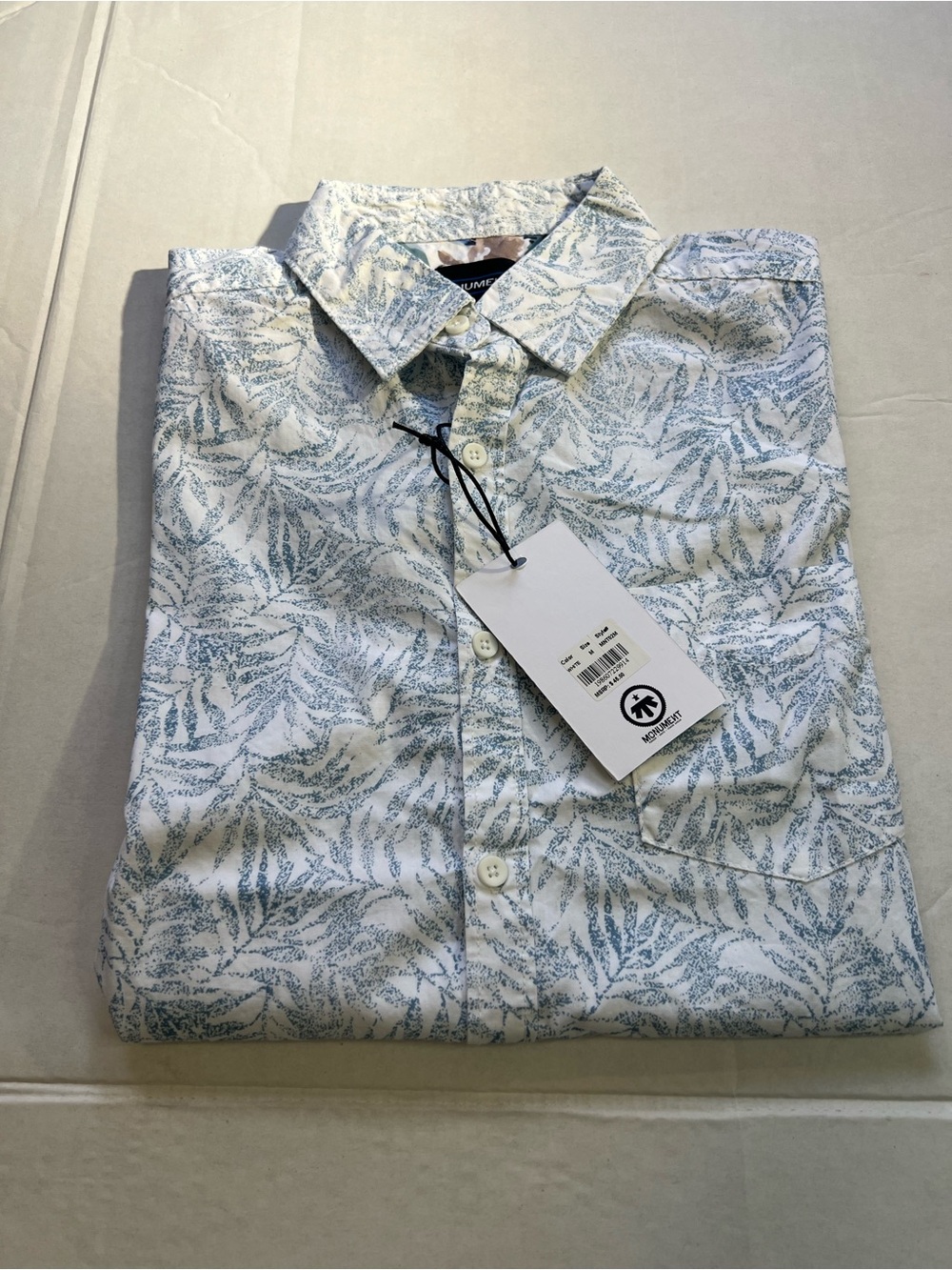 Men's Casual Button-Down Shirt in White with Light Blue Leaf Print